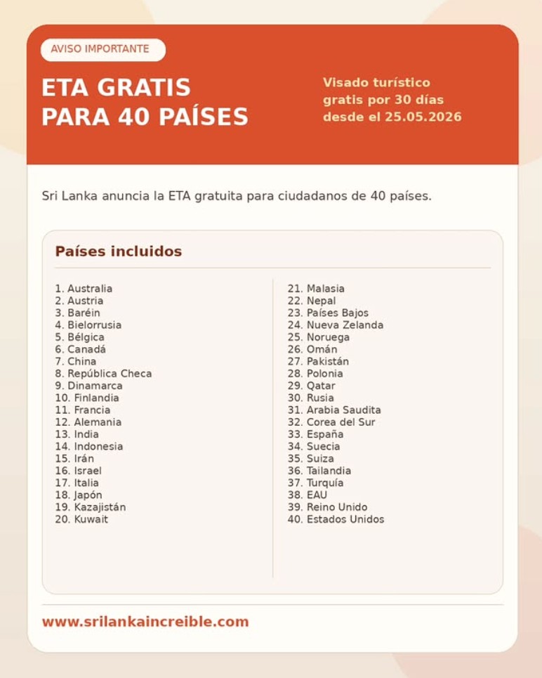 Visado para Sri Lanka gratis